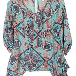 Umgee Boutique Women size S Aqua Green Pink Boho Cute Spring Tunic Top Blouse